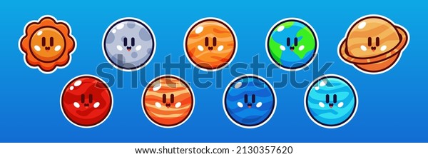 Planet Cute cartoon with funny kawaii faces.sun,\
mercury, venus, earth, mars, saturn, jupiter, neptune, and uranus.\
vector illustration\
set.