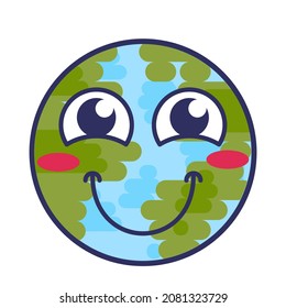 Planet cute emoji with positive expression vector. Globe happy smiling cheerful face and open funny eyes. Comic laughing smile emotion. Happiness joyful emoticon flat cartoon illustration