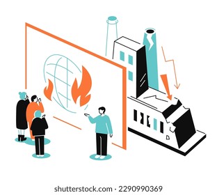The planet is in danger - colorful flat design style illustration with linear elements. Orange and light blue colored picture with Earth in the fire and ruined manufacturing plant. World crisis idea