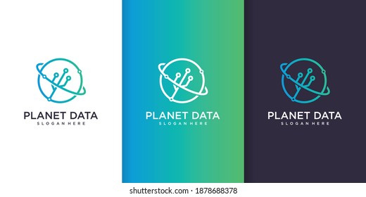 Logo de datos planetarios con concepto de tecnología de arte de línea, diseño, plantilla, Vector Premium