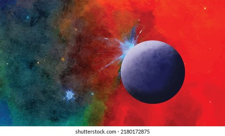  
Planet in deep space against the stars, red nebula and galaxies.
Astronomy abstract concept background. Galaxy creative wallpapers. Watercolor style. Vector illustration. Clipart