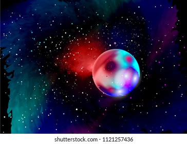 planet in deep space. Star field in space and a nebulae. Abstract background of universe and a gas congestion. Spiral galaxy space with black holes. Mars planet mission exploration. Vector 