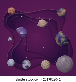 Planet design in purple space with paper cut design for education template design