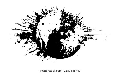 Planet destroy vector black line illustration isolated white. Sketch art