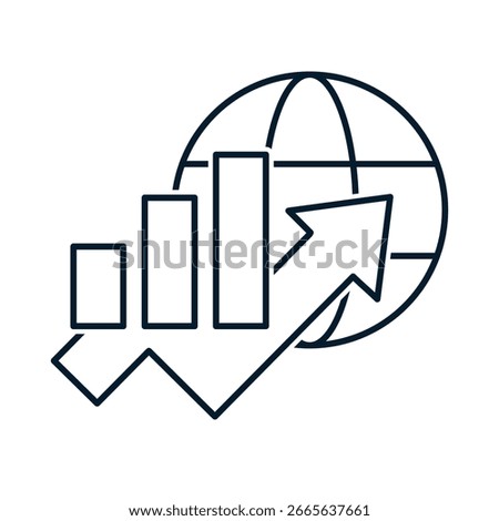 Planet, diagram, arrow. The concept of increasing the global economy. Vector linear icon isolated on white background.