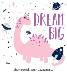 planet dino galaxy girl tee illustration art vector 