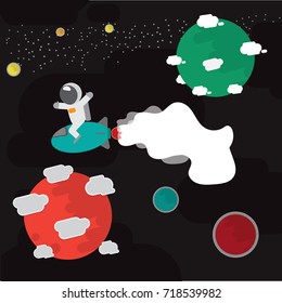 planet discovery in the space .spaceman on the rocket fly between planet.flat design