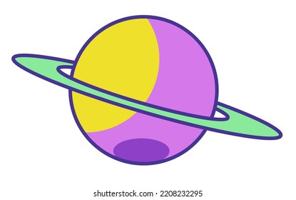 Planet with disk, isolated colorful celestial body from cosmos, galaxy and universe. Luminary glowing in space, self cognition and psychology. Sticker or video game element. Vector in flat style