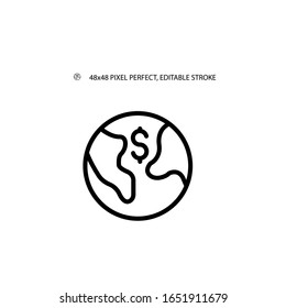 Planet and dollar sign simple line icon vector illustration.Editable stroke. 48x48 Pixel Perfect.