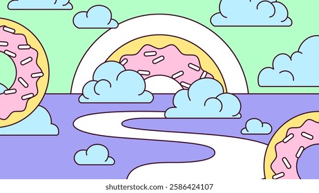 Planet Donuts with a rainbow and floating clouds symbolizing joy and imagination cartoon illustration vector hand drawn