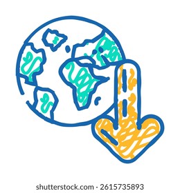 planet down arrow download data doodle icon sketch vector. planet down arrow download data sign. isolated symbol illustration