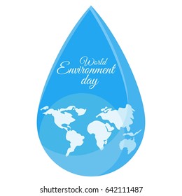 Planet in drop. World map in water drop. Flat vector cartoon illustration. Objects isolated on a white background.World Environment Day poster.