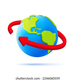 Planet Earth 3d vector icon with red volume arrow around it isolated on white background.
