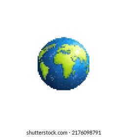 Planet Earth, 8 bit pixel art icon isolated on white background. Old school vintage retro 80s, 90s slot machine video game graphics.