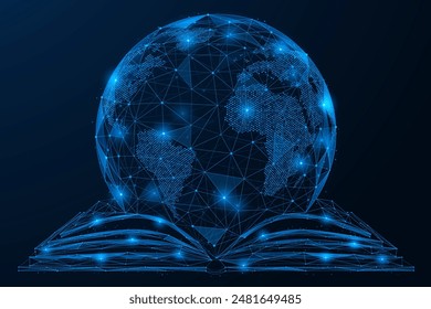 Planet Earth is above the book. Global knowledge. Polygonal design of interconnected lines and dots.