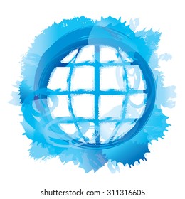 Planet earth  - abstract symbol on watercolor grunge background. Free hand drawing icon. Weather, peace concept. Planet as melted ice in blue water. Vector illustration. Isolated on white. Eps 10.