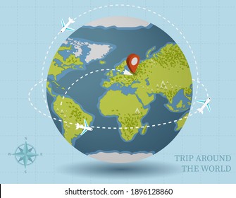 Planet Earth With Air Routes. International Travel Of Airline Aircraft Across Continents To Destinations With Red Vector Label.