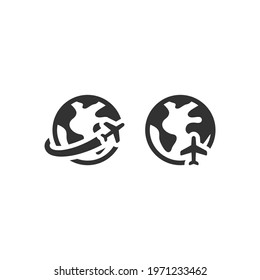 Planet Earth with airplane black vector icon. Globe and flight, travel symbol.