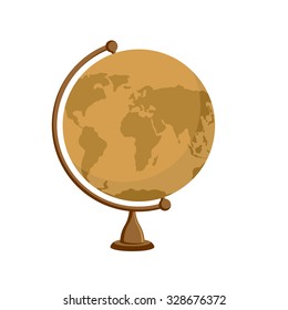 Planet earth -  ancient school globe on stand. Subject for study of geography. Antique globe, orange and wood