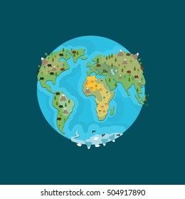 Planet earth and animals. Beast on continents. World map. Geographical globe with wildlife