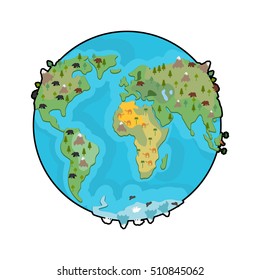 Planet earth and animals. Beast on continents. World map. Geographical globe with wildlife

