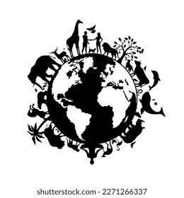 Planet Erde mit Tieren und Menschen schwarze Silhouette Symbol Vektorgrafik. Planet-Earth-Grafikdesign-Element einzeln auf weißem Hintergrund. Wildtiere Silhouette. Symbol Fauna und Flora