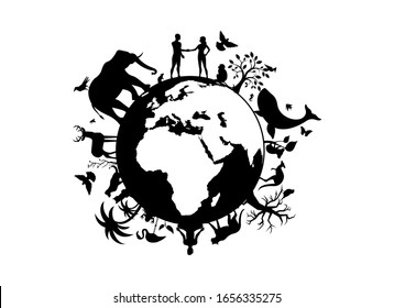 Planet Earth with animals and people black silhouette vector. Planet Earth black silhouette vector. Wild animals silhouette. Planet Earth with fauna and flora vector. Environmental concept vector