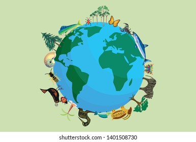 Planet earth with animals and plants for biodiversity.