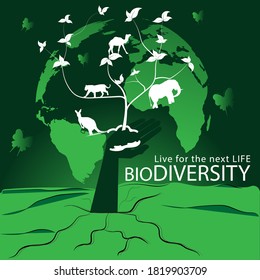 Planet earth with animals and plants for biodiversity