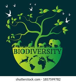 Planet earth with animals and plants for biodiversity. illustration vector