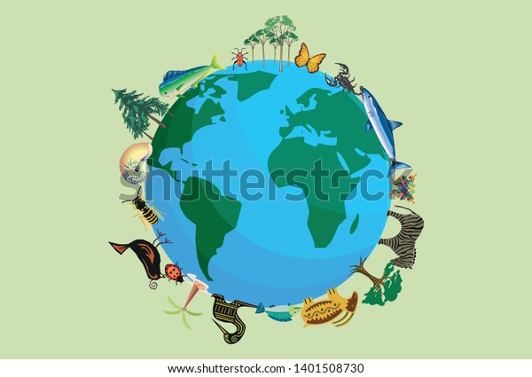 Planet\
earth with animals and plants for\
biodiversity.