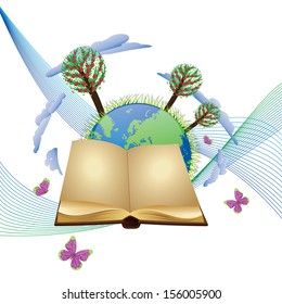 Planet Earth with apple trees, old blank open book and butterflies.