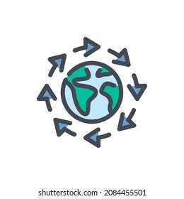 Planet Earth with arrows around color line icon. Around the world vector outline colorful sign.