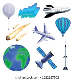 Planet earth atmosphere luminous northern light aurora phenomenon meteoroids hot air balloon airplane spacecraft colorful set vector illustration 