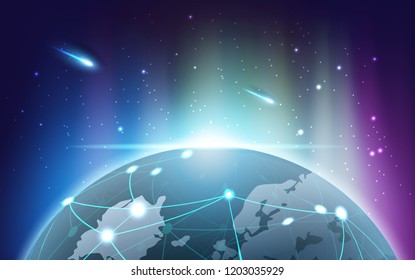Planet earth with Aurora light of Blockchain technology concept, database data cryptocurrency business digital finance bitcoin network currency money background