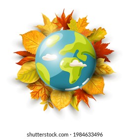 Planet Earth and autumn leaves on white background. Ecological concept. Save forest. Vector illustration.