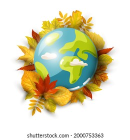 Planet Earth and autumn leaves on white background. Ecological concept. Vector illustration. Flat style design.