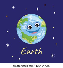 Planet Earth in the background of space and stars. Cute funny character. Vector illustration of Solar System object in cartoon flat style.