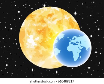 Planet earth in the background of the sun. Outer space. Vector illustration