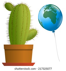 Planet earth as a balloon approaches a threatening spiny cactus in a plant pot. African and european angle of view. Isolated vector illustration over white background.