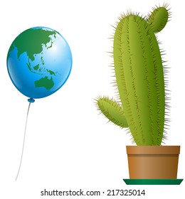A planet earth balloon where asia and australia is recognizable approaches a threatening cactus in a plant pot. Isolated vector illustration over white background.
