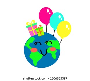 Planet earth and balloons on a white background. Cartoon. Vector illustration.