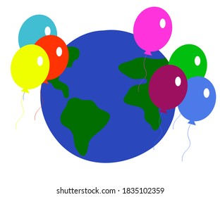 Planet Earth and balloons on a white background. Cartoon. Vector illustration.