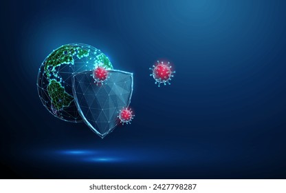 Planet Earth behind blue futuristic guard shield attacked by red viruses. Virus protection concept. Low poly style. Blue geometric background. Wireframe connection structure. Modern 3d graphic. Vector