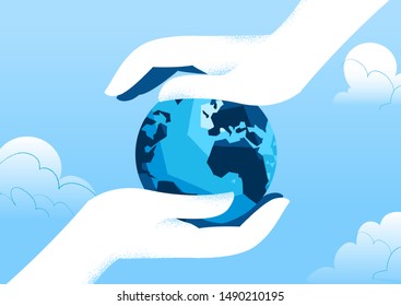 Planet Earth in between human hands on blue sky background. Protect, save, care for the planet concept. Planet is in secure hands. Earth day. Flat style vector illustration. 