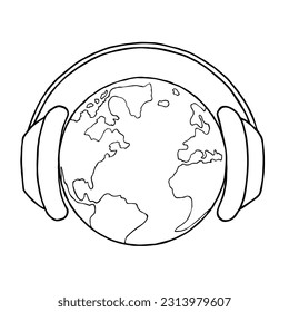 Planet Earth in big headphones. The concept of love for music. Freehand drawing. Doodle. Sketch. Outline.	