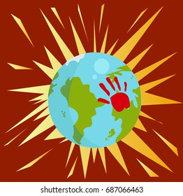 Planet earth with a blast and a hand print vector