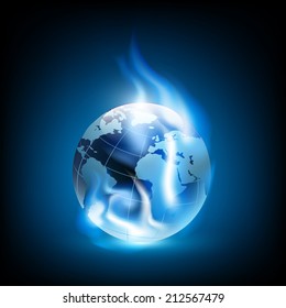 Planet earth and blue flames