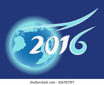 Planet Earth, blue globe, Year 2016 text design.