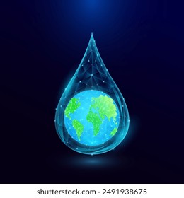 Planet earth in blue water drop glowing low polygonal. Environmental protection and nature care ecology. Biotechnology. World earth day concept. Vector EPS10.